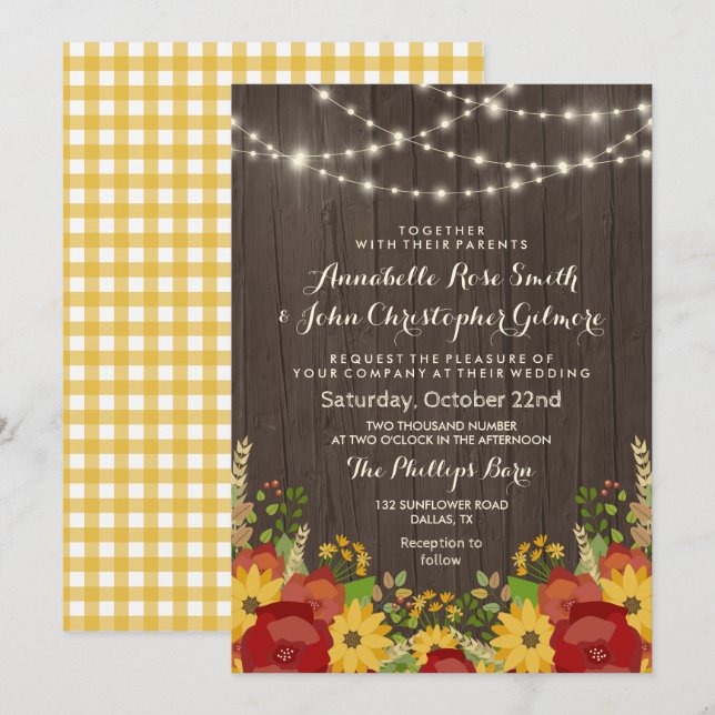 Sunflowers & String Lights Rustic Wedding Invitation (Front/Back)