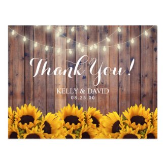Sunflowers String Lights Rustic Wedding Thank You Postcard