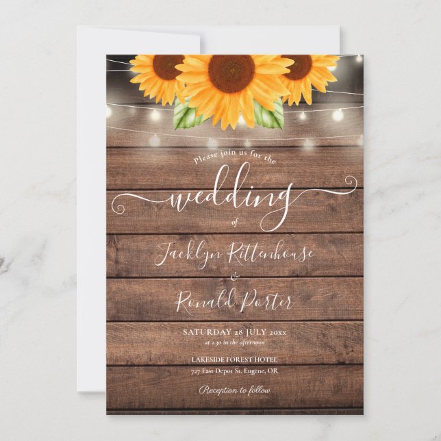 Sunflowers String Lights Rustic Wood Wedding Invitation (Front)