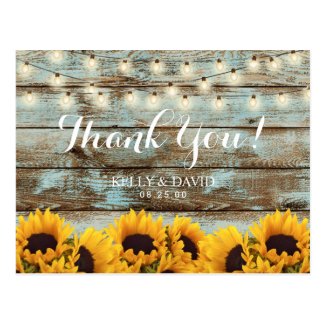 Sunflowers String Lights Vintage Wedding Thank You Postcard