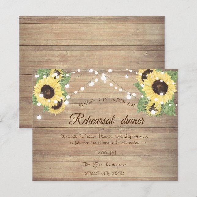 Sunflowers, String Lights, Wood  Rehearsal Dinner Invitation (Front/Back)