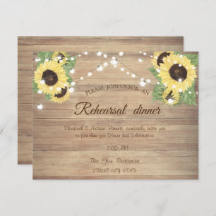 Sunflowers, String Lights, Wood  Rehearsal Dinner Invitation