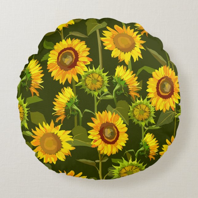 Sunflowers summer seamless pattern round pillow (Front)
