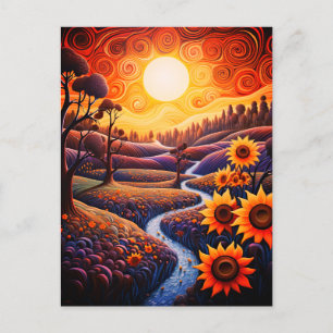 Sunflowers Sunrise Abstract Nature Illustration Postcard