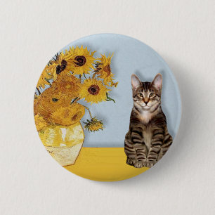 Sunflowers - Tabby Tiger cat 30 2 Inch Round Button