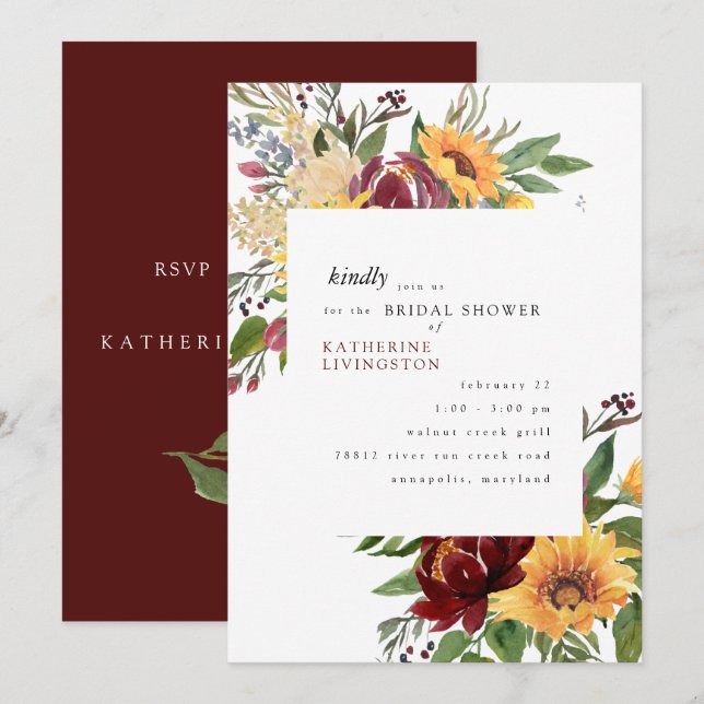 Sunflowers Tuscan Burgundy Bridal Shower Invitation (Front/Back)