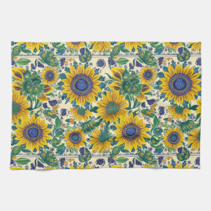 Sunflowers. Ukrainian Petrikivka folk art pattern. Kitchen Towel