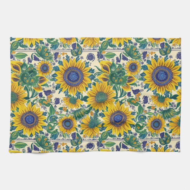 Sunflowers. Ukrainian Petrikivka folk art pattern. Kitchen Towel (Horizontal)