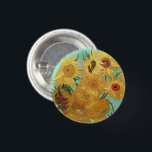 Sunflowers Vincent van Gogh    1 Inch Round Button<br><div class="desc">Sunflowers (1889)  Vincent van Gogh. Still life on a blue background. A bright bouquet of sunflower flowers stand in a vase. Reproduction of famous works of art  images in the public domain.</div>