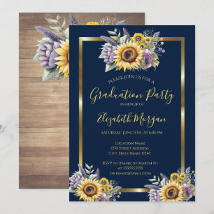 Sunflowers Violet Flowers Wood Graduation Party Invitation