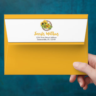 Sunflowers, Wagon Wheel Woodgrain Bridal Shower Envelope