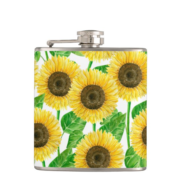 Sunflowers watercolor hip flask (Front)