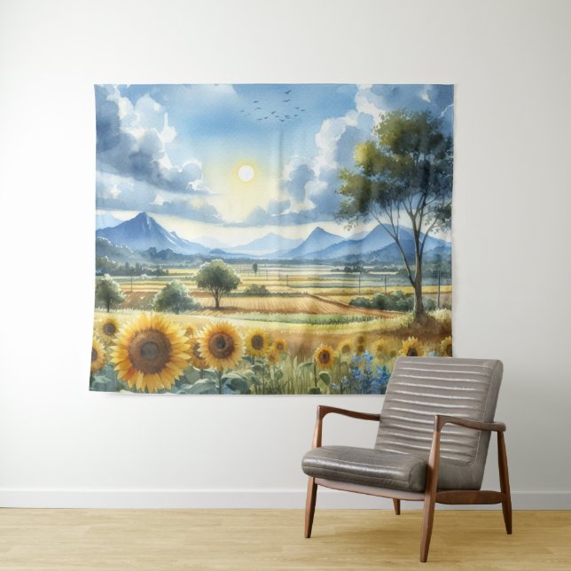 Sunflowers Watercolor Landscape Tapestry (In Situ (Horizontal))
