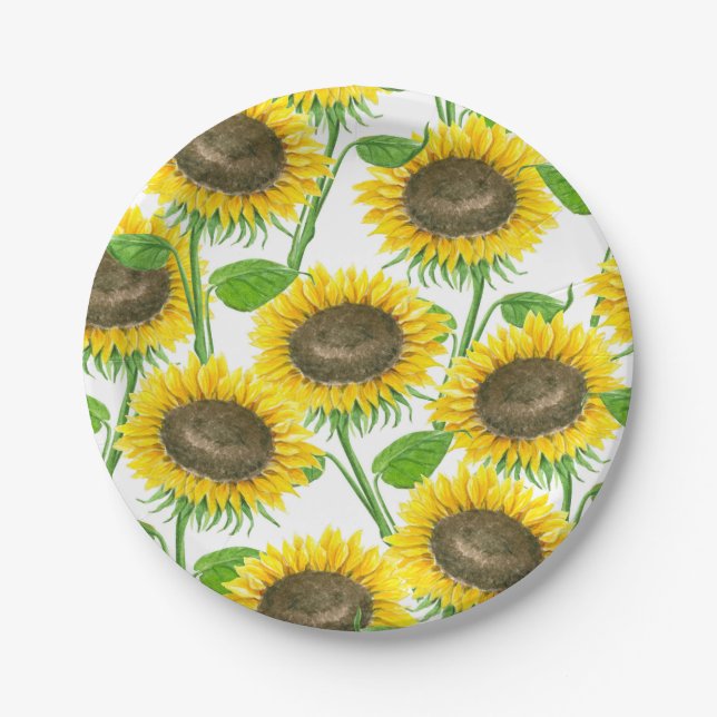Sunflowers watercolor pattern paper plate (Front)