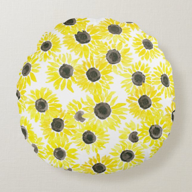 Sunflowers watercolor pattern round pillow (Front)
