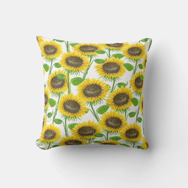 Sunflowers watercolor pattern throw pillow (Front)