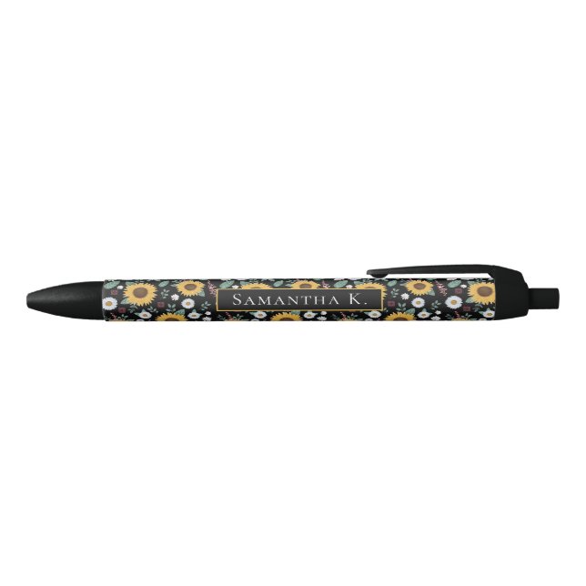 Sunflowers Watercolor Personalized Name Black Ink Pen (Top)