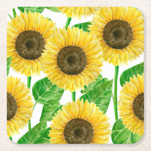 Sunflowers watercolor square paper coaster