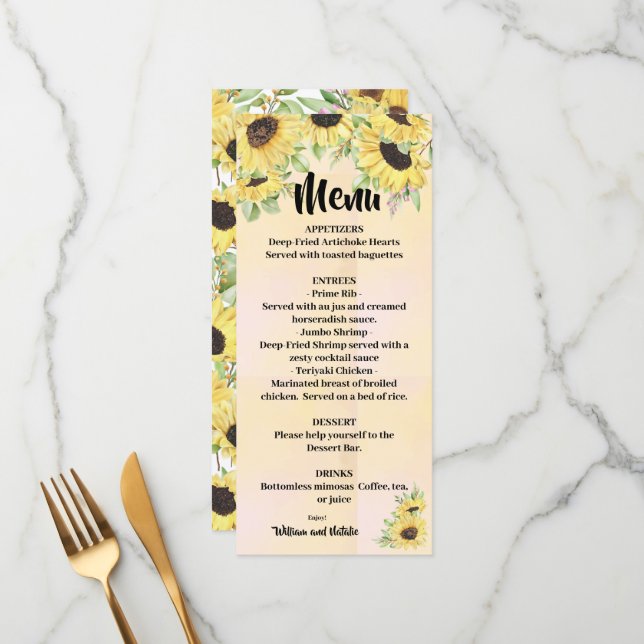 Sunflowers Wedding Bridal Shower Menu (Front/Back In Situ)