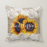 Sunflowers wedding burlap lace newlyweds throw pillow<br><div class="desc">Rustic elegant stylish wedding couple personalized gift idea made of a throw pillow on beige faux burlap featuring beautiful yellow gold sunflowers bouquets and white lace borders on both faces. Easy to personalize with the new family name on the front and with bride's and groom's names and wedding date on...</div>
