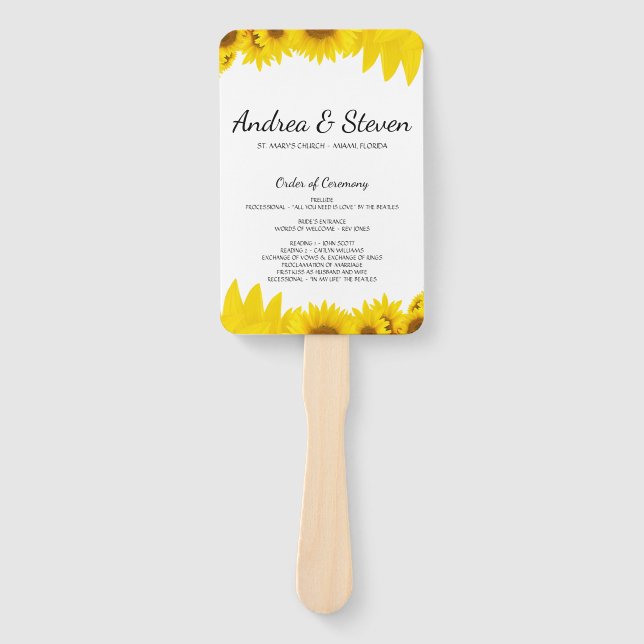Sunflowers Wedding Program Fan. Helianthus Menu Hand Fan (Front)