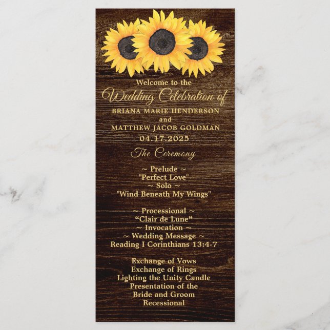 Sunflowers Wedding Program on Wood Country Floral (Front)