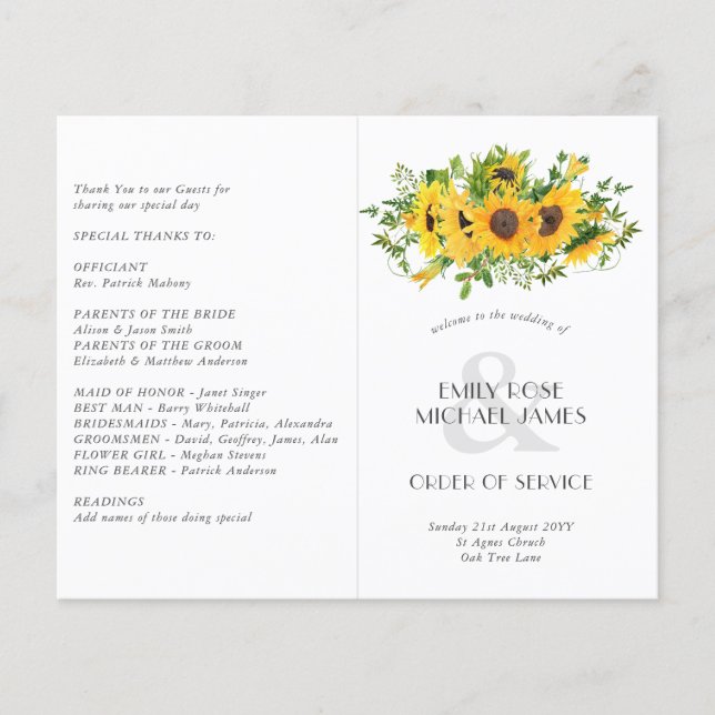 Sunflowers Wedding Program or other Event  Custom (Front)