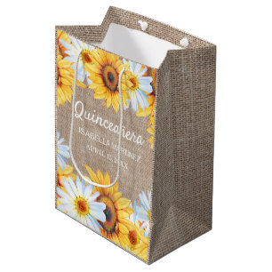 Sunflowers White Daisy Burlap Quinceañera Name  Medium Gift Bag