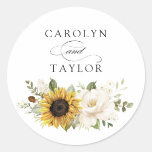Sunflowers White Floral Greenery Envelope Classic Round Sticker