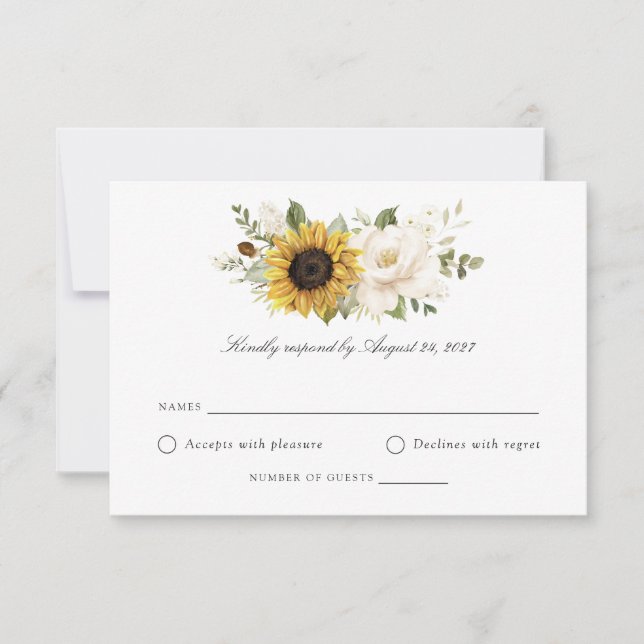 Sunflowers White Floral Greenery Wedding RSVP Card (Front)