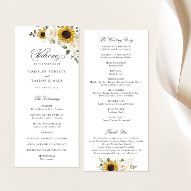 Sunflowers White Flowers Greenery Rustic Wedding Program (Creator Uploaded)