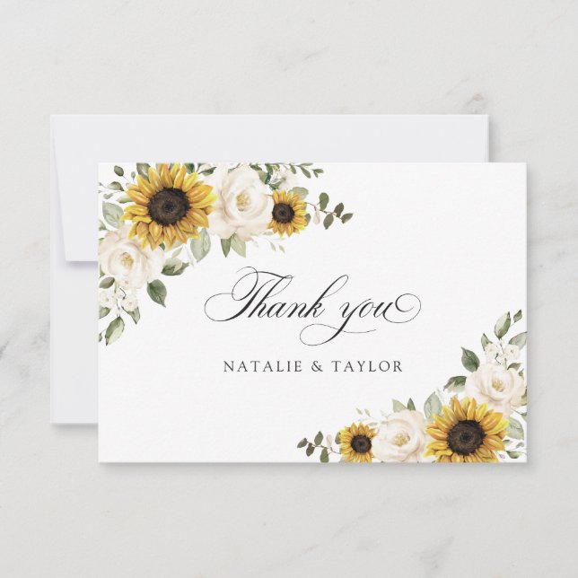 Sunflowers White Flowers Greenery Rustic Wedding Thank You Card (Front)