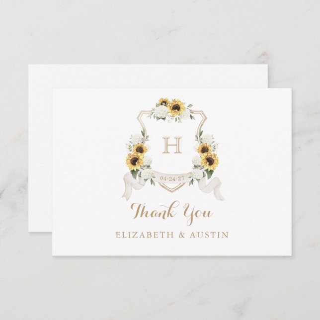 Sunflowers White Hydrangea Crest Wedding Monogram Thank You Card (Front/Back)