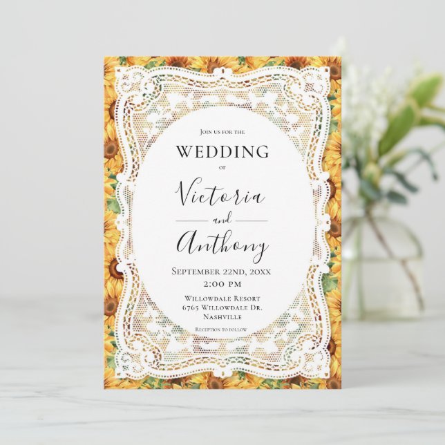 Sunflowers White Lace Rustic Wedding Invitation (Standing Front)