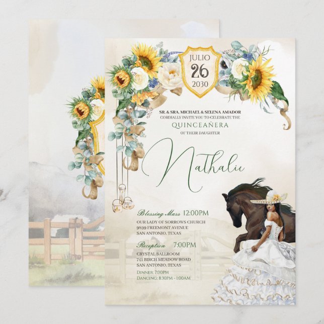 Sunflowers White Roses Western Charro Quinceanera Invitation (Front/Back)