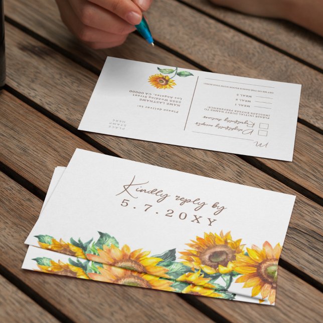 Sunflowers White Rustic RSVP Custom Meals Song Postcard (Creator Uploaded)