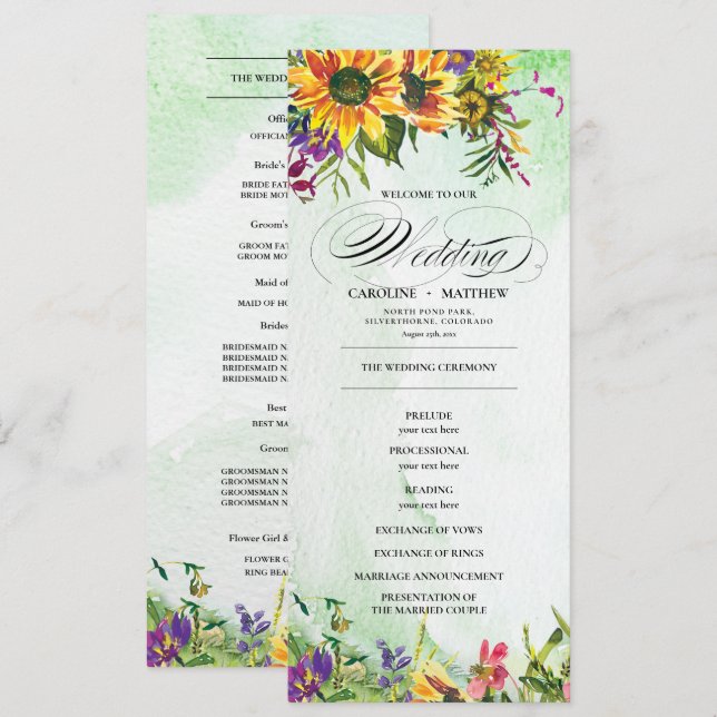 Sunflowers | Wild Meadow Wedding Program Cards (Front/Back)