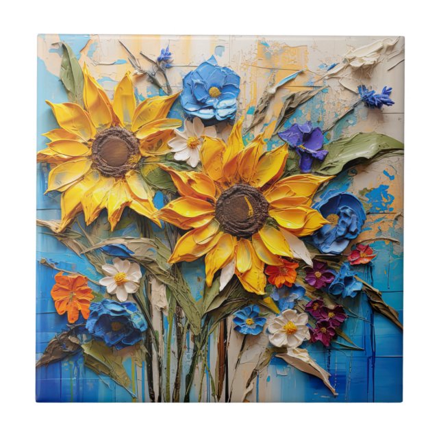 Sunflowers Wildflowers Flower Mixed Media Design Tile (Front)