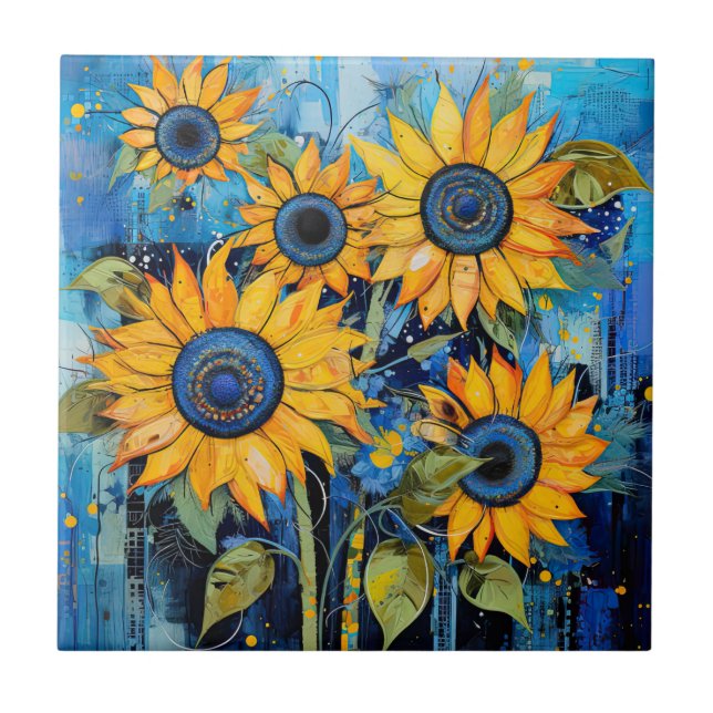 Sunflowers Wildflowers Flower Mixed Media Design Tile (Front)