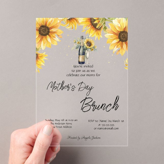 Sunflowers Wine Bottle Glass Mother's Day Brunch Acrylic Invitations (Insitu (Handheld))