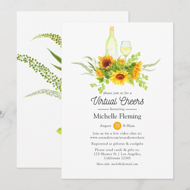Sunflowers Wine Tasting Virtual Bridal Shower Invi Invitation (Front/Back)