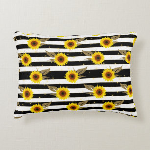 Sunflowers with Black and White Horizontal Lines Accent Pillow