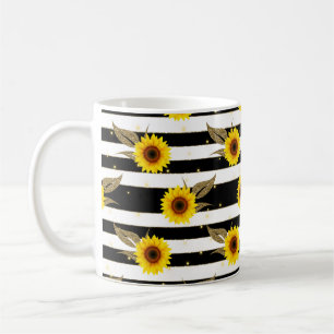 Sunflowers with Black and White Horizontal Lines Coffee Mug