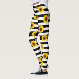 Sunflowers with Black and White Horizontal Lines Leggings