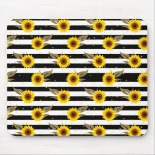 Sunflowers with Black and White Horizontal Lines Mouse Pad