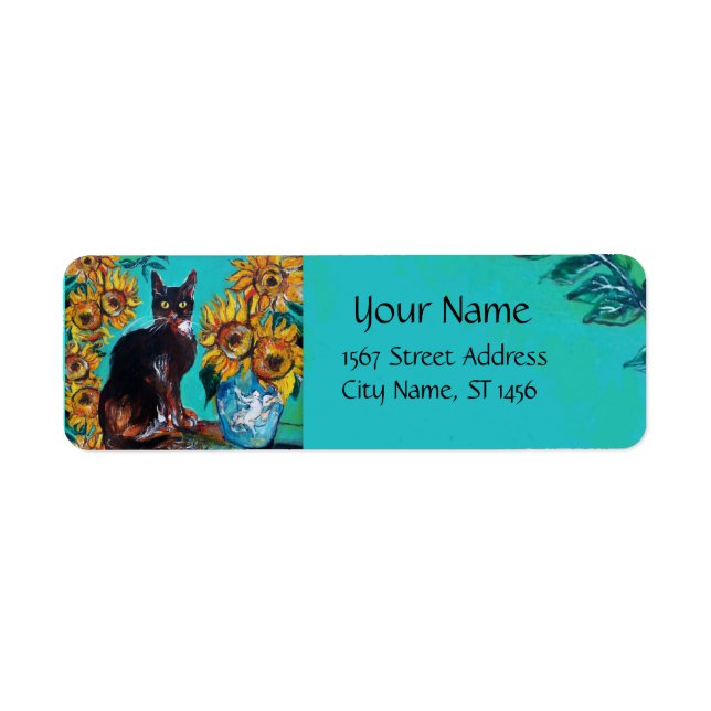 SUNFLOWERS WITH BLACK CAT IN BLUE TURQUOISE (Front)