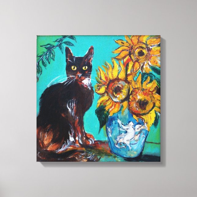 SUNFLOWERS WITH BLACK CAT IN BLUE TURQUOISE CANVAS PRINT (Front)