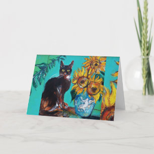 SUNFLOWERS WITH BLACK CAT IN BLUE TURQUOISE CARD