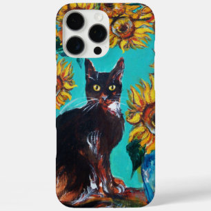 SUNFLOWERS WITH BLACK CAT IN BLUE TURQUOISE iPhone 16 PRO MAX CASE