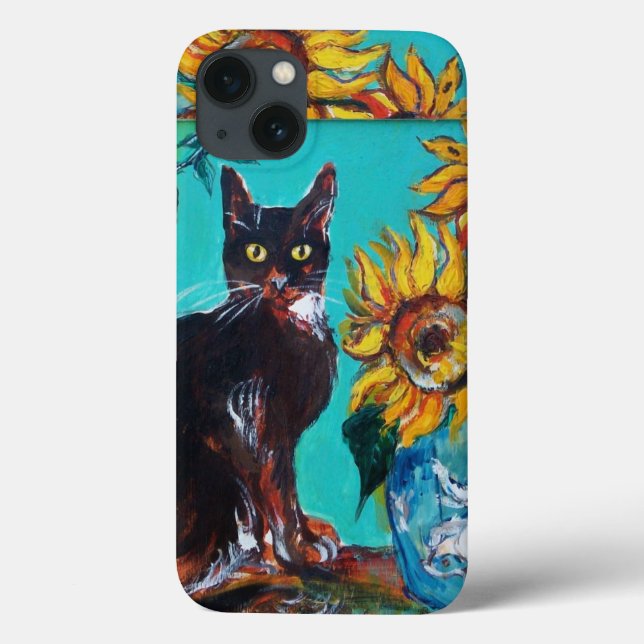 SUNFLOWERS WITH BLACK CAT IN BLUE TURQUOISE Case-Mate iPhone CASE (Back)
